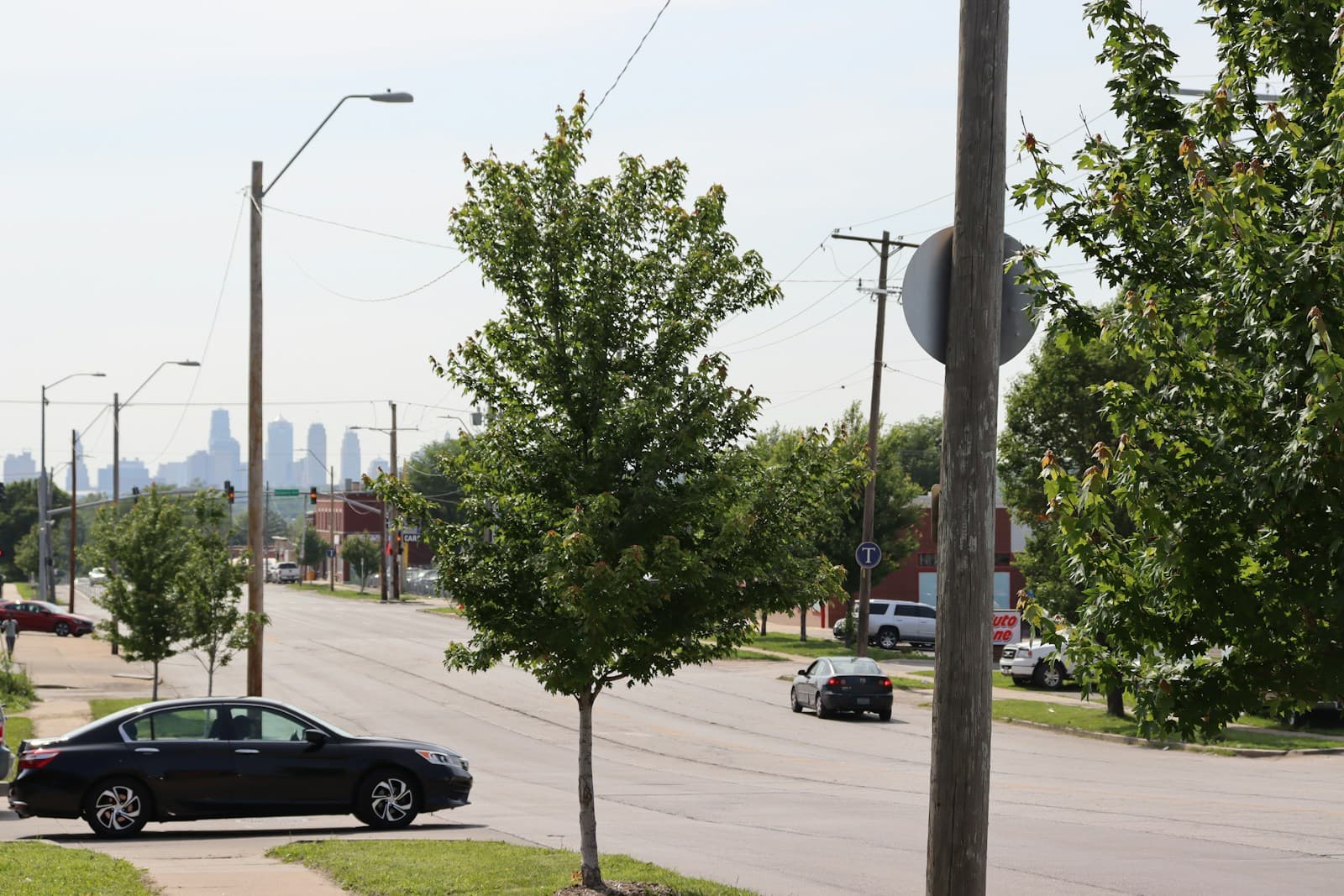 Suburban street with cars, trees, and city skyline in background on a clear day